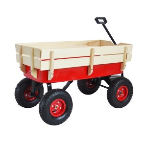 SKRAN Outdoor Sport Wagon All Terrain Pulling Pull-Along Wagons w/Wood Railing Air Tires Big Foot Panel Wagon w/Removable Wooden Side Panels - 1 of 4