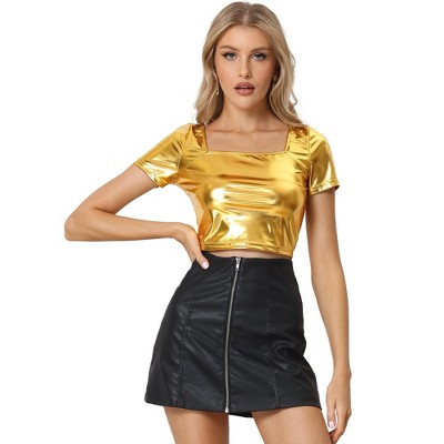 Allegra K Women's Metallic Square Neck Short Sleeve Shiny Crop Top : Target