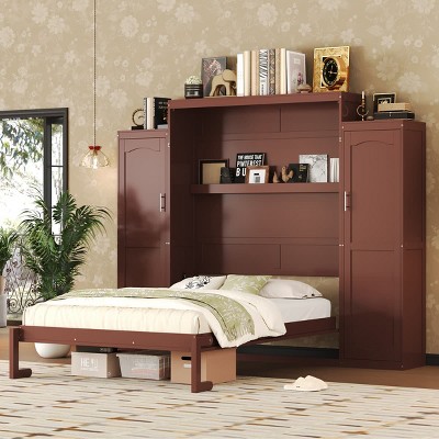 Queen Size Murphy Bed with Cabinets and Bookcase, Wall Bed with Storage Wardrobe and Foldable Platform Frame-Maison Boucle