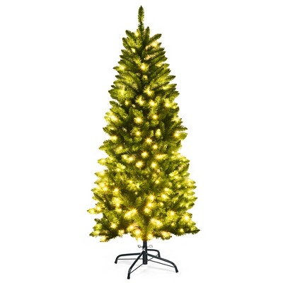 Costway 5Ft Pre-lit Artificial Pencil Christmas Tree Hinged Fir PVC Tree /150 LED Lights