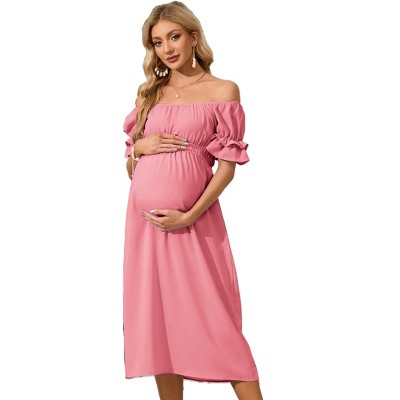 Women's Summer Maternity Off Shoulder Dress Casual Ruffle Short Sleeve Flowy Midi Dress For Baby Shower And Photoshoot