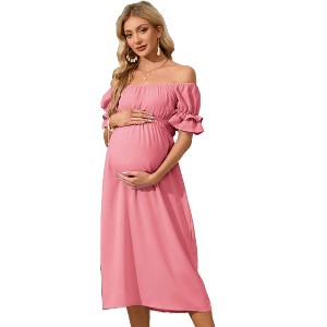 off the shoulder midi maternity dress Momyknows Ruffle Off Shoulder Long Sleeve Bodycon Baby Shower Maternity Midi Dress, Apricot / XL