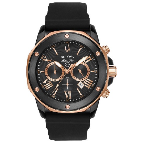 Bulova Men s Marine Star Series A Black And Gold Ion plated Stainless Steel 6 hand Chronograph Quartz Watch Black Silicone Strap Target