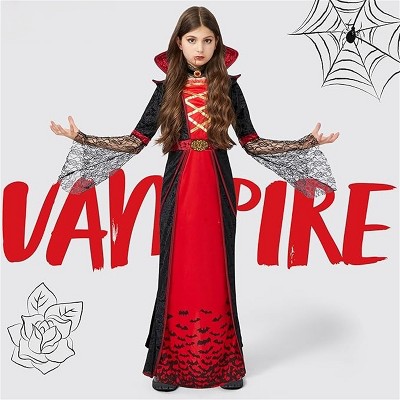 Joyfy Halloween Costume for Girls Royal Vampire Role Paly, Deluxe Set Halloween Gothic Victorian Vampiress Queen Costume for Dress Up Party