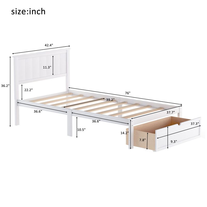 Full/Twin Size Wood Platform Bed with Under-bed Drawer-ModernLuxe, 3 of 9