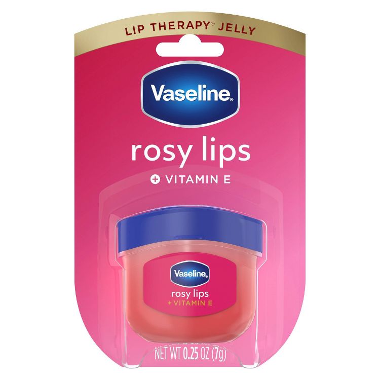 A small container of Vaseline rosy lips lip therapy with vitamin E, featuring a blue lid and pink packaging, labeled with a net weight of 0.25 oz (7g).
