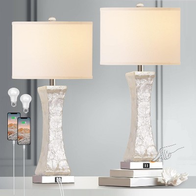 ROTTOGOON 16" Table Lamp Touch Control Dual USB Ports 3 Way Dimmable Nightstand with White & Gray Fabric Shade AC Outlet Modern 1-Pack (Bulb Included)