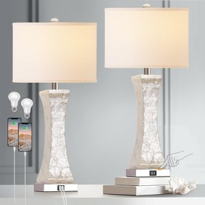 ROTTOGOON 16" Table Lamp Touch Control Dual USB Ports 3 Way Dimmable Nightstand with White & Gray Fabric Shade AC Outlet Modern 1-Pack (Bulb Included) - 1 of 4