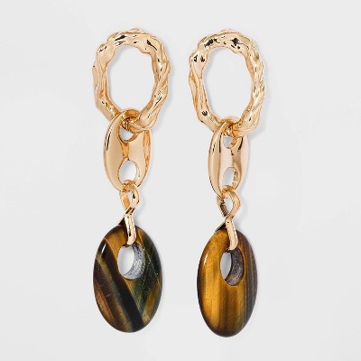 Textured Chain Link with Semi-Precious Bead Drop Earrings - A New Day™ Dark Brown