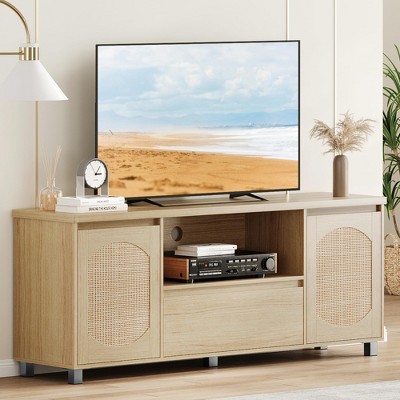 Rattan TV Stand for 70 Inch TV, Boho TV Entertainment Center, Wooden TV Console with Drawer and 2 Cabinets