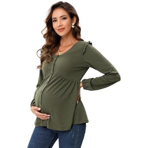 Maternity Shirt Side Button and Ruched Maternity Tunic Tops Maternity Short Sleeve T-Shirts (XL,Olive) - 1 of 1