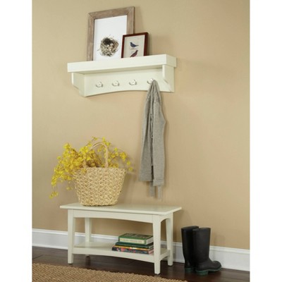 Ivory Shaker Cottage Bench with Tray Shelf and Coat Hooks Set