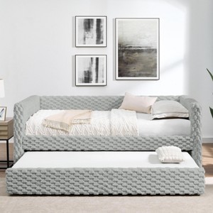 Racxily Twin Size Daybed, Upholstered Sofa Bed with Pull-Out Trundle, Plaid Corduroy Fabric - 1 of 4