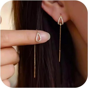 S925 Sterling Silver Threader Earrings for Women Dainty Long Chain Ear Line with Cubic Zirconia Elegant Dangle Tassel Earrings - 1 of 4