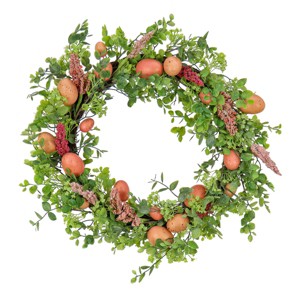 22" Artificial Pink Floral Spring Wreath with Pink Eggs - National Tree Company - 1 of 3