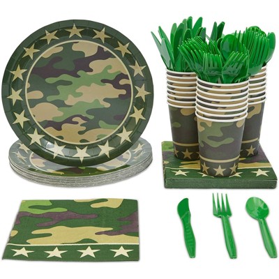 Blue Panda 144-Pack (Serves 24) Disposable Camouflage Themed Tableware Set for Party Supplies