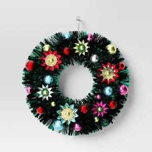 Christmas Tinsel Green Wreath with Flowers - Wondershop™ - 1 of 3
