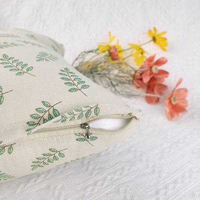 Leaf-Printed Beige and Green Cotton Pillow Covers 20'' x 20''