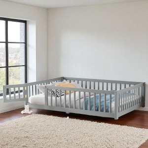Mshliw Twin/Full/Queen Size Kids Floor Bed with Safety Guardrails and Door, Montessori Style Wooden Platform Bed Frame for Toddlers, Children Bedroom - 1 of 4
