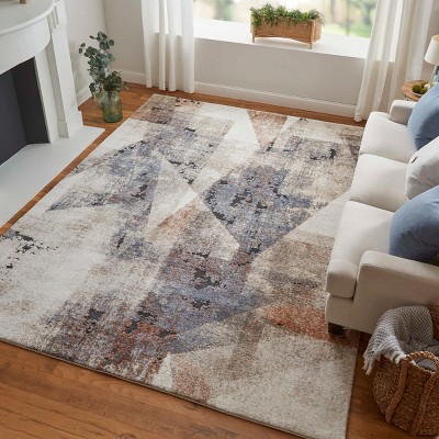 Ivory and Blue Geometric Stain-Resistant Synthetic Rug