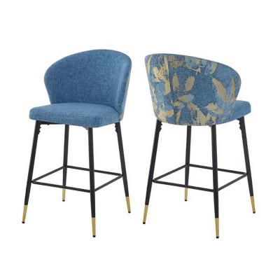 Counter Height Bar Stools Set of 2, Jacquard Upholstered Bar Chairs, Metal Footrest and Frame 28"H Seat Height , Blue