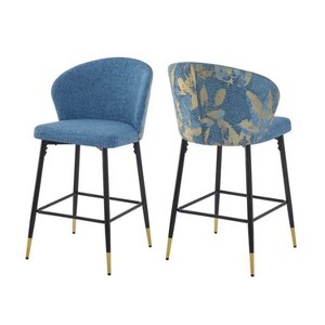 Counter Height Bar Stools Set of 2, Jacquard Upholstered Bar Chairs, Metal Footrest and Frame 28"H Seat Height , Blue - 1 of 4