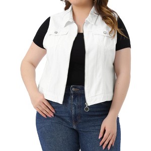 Agnes Orinda Women's Plus Size Trucker Zipper-Front Sleeveless Crop Sport Denim Vests - 1 of 4
