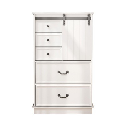 VANIRROR 51" Farmhouse Drawer Chest with Sliding Door, Tall Cabinet Organizer with Adjustable Shelves and 5 Drawers, White Accent Cabinet for Bedroom
