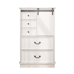 VANIRROR 51" Farmhouse Drawer Chest with Sliding Door, Tall Cabinet Organizer with Adjustable Shelves and 5 Drawers, White Accent Cabinet for Bedroom - 1 of 4