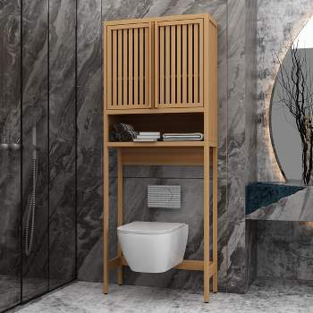 64.76" Tall Bamboo Toilet Storage Rack with 1 Open Shelves and 2 Doors for Bathroom/Laundry Room, Natural 4A - ModernLuxe