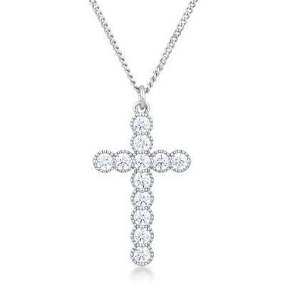 ShineHigh Micro Beaded CZ Cross Pendant Necklace – Silvertone Chain with 12 Clear Cubic Zirconia Stones in Timeless Religious Design