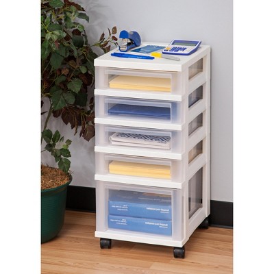 IRIS USA 5 Drawer Clear Plastic Drawer Cart Rolling Storage, White