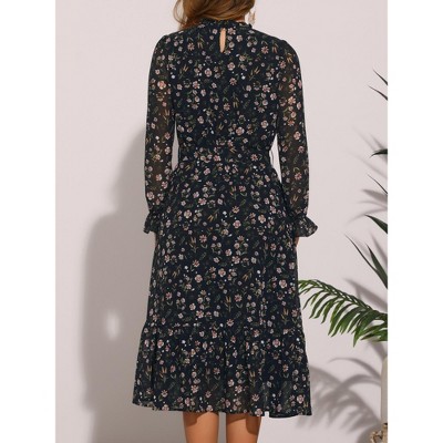 Женские платья INSPIRE CHIC Women's Floral Mock Neck Long Sleeve Elastic Waist Flowy Midi Dress X-Large Black — фото 3