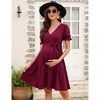 Coolmee Women's Maternity Dress Puff Short Sleeves V Neck Dresses Casual High Waist A Line Solid Color Midi Dress with Belt - 2 of 4