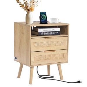 VEVOR Rattan Nightstand, Boho Bedside Table with Open Shelf 2 Drawers, Rattan End Table Nightstand with Solid Wood Legs, Natural - 1 of 4