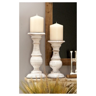 Set of 3 White Distressed Wood Pillar Candle Holders