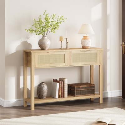 Coucheta Entryway Table with 2 Drawers, Boho Console Table with Storage, Wood Sofa Table for Living Room, Hallway, Foyer, Multiple Colors
