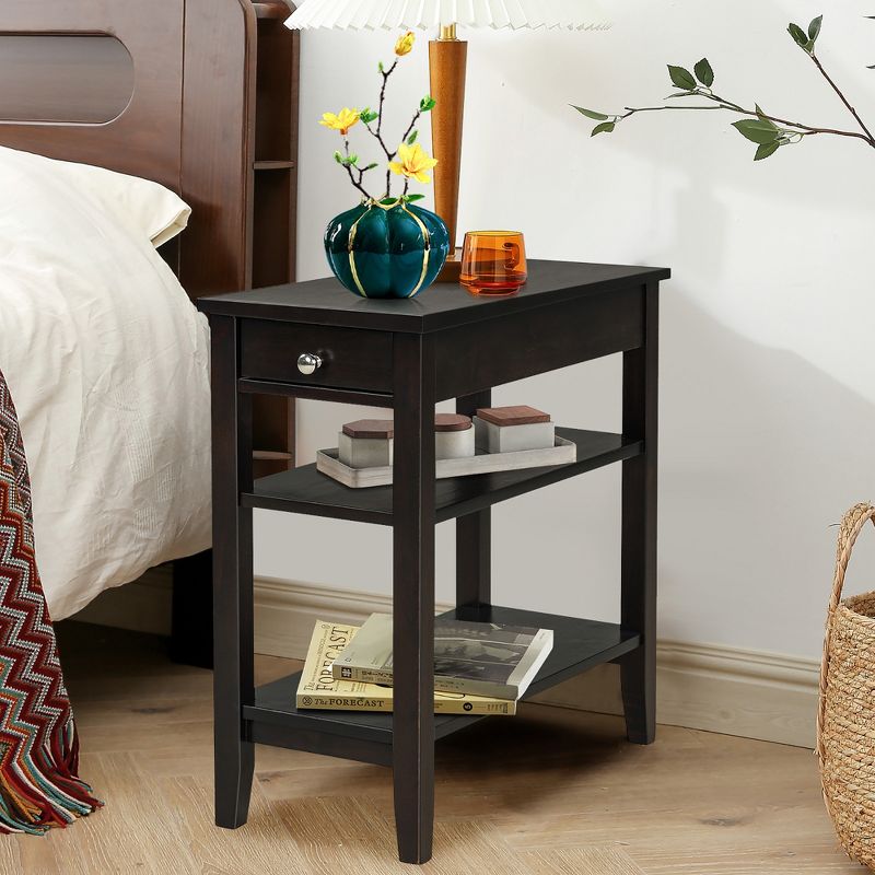 Costway 3-Tier Side End Table with Drawer Double Shelf Narrow Nightstand Espresso\Black, 2 of 11