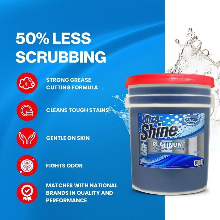 Ultra Shine ™ 3X Platinum ™ Dishwashing Liquid, 5 Gallon, Blue - Powerful Grease Remover Dish Cleaning Soap, 5 of 6