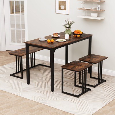 Rustic Brown and Black 4-Piece Dining Table Set with Bench and Stools