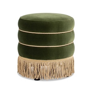 Edward 17.5" Round Upholstered Ottoman with Bullion Fringe - 1 of 4