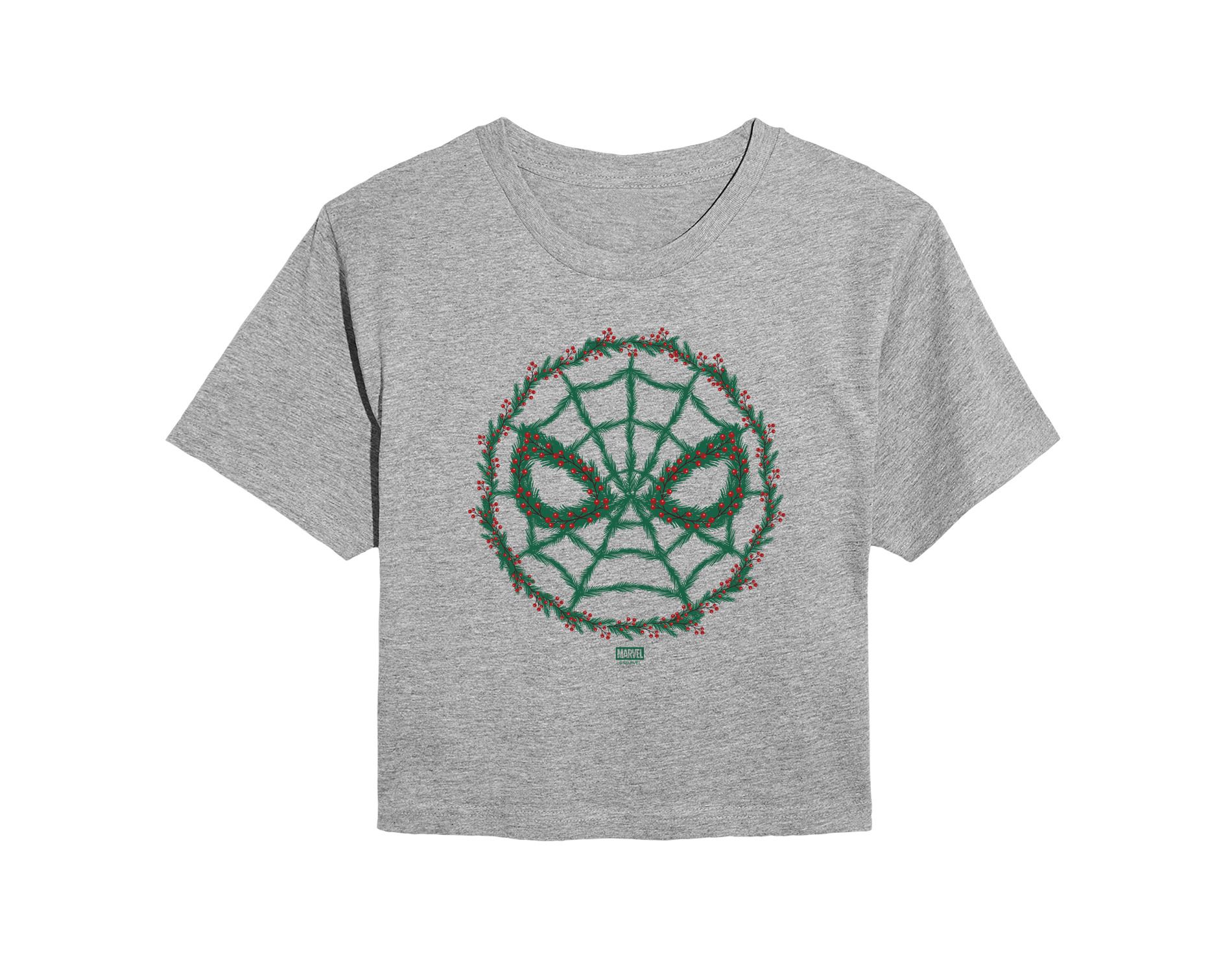 Women's Marvel Spider Man Wreath Cropped Graphic T-Shirt - Heather Grey - 2 X-Large