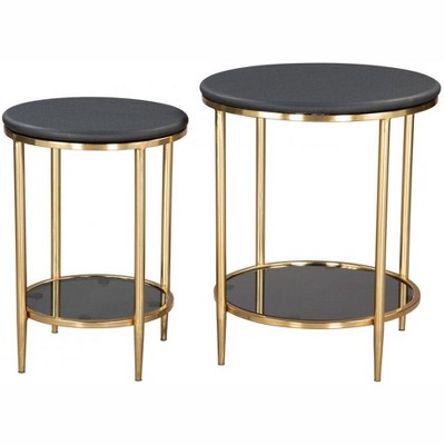 Round Coffee Table – Black Finish – Marble and Metal 20.3" H By Zuo Modern (Set of 2)