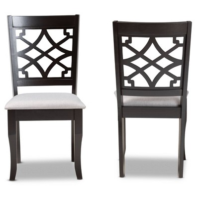 Set of 2 Grey Fabric and Dark Brown Wood Dining Chairs with Cut-Out Back