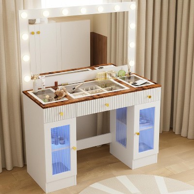 Homy Casa Vanity Table with Lighted Mirror Storage Cabinets and Charging Station for Bedroom or Dressing Room, White