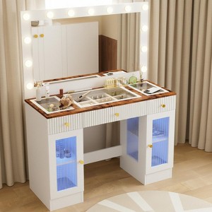 Homy Casa Vanity Table with Lighted Mirror Storage Cabinets and Charging Station for Bedroom or Dressing Room, White - 1 of 4