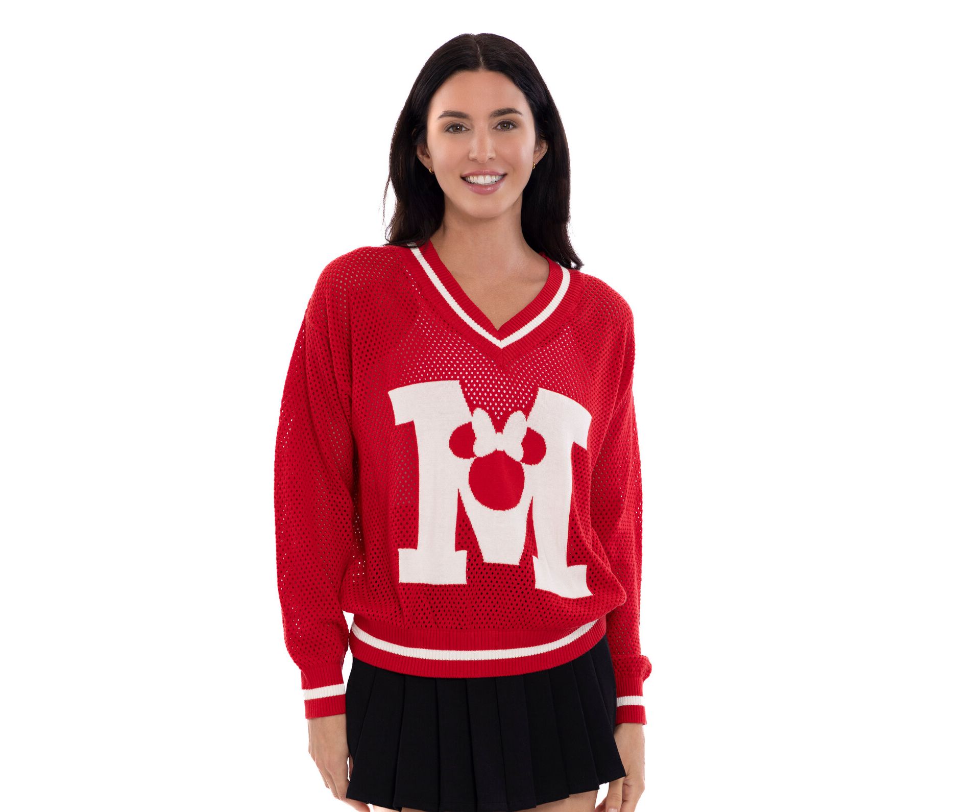 Disney Minnie Mouse Womens Crochet Varsity V-neck Pullover Sweater Red XX-Large