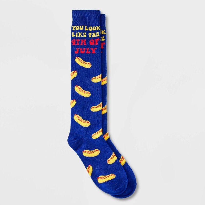 Women&#39;s &#34;You Look Like the 4th of July&#34; Hot Dog Knee High Socks - Blue 4-10, 1 of 4