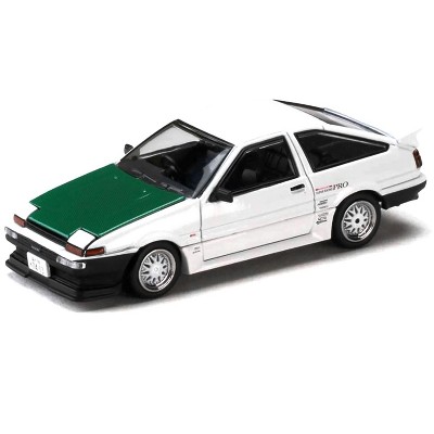 Toyota Sprinter Trueno (AE86) RHD "Keiichi Tsuchiya" White with Green Carbon Hood 1/64 Diecast Model Car by Hobby Japan