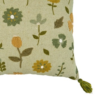 Green Cotton Embroidered Floral Throw Pillow Cover with Tassels